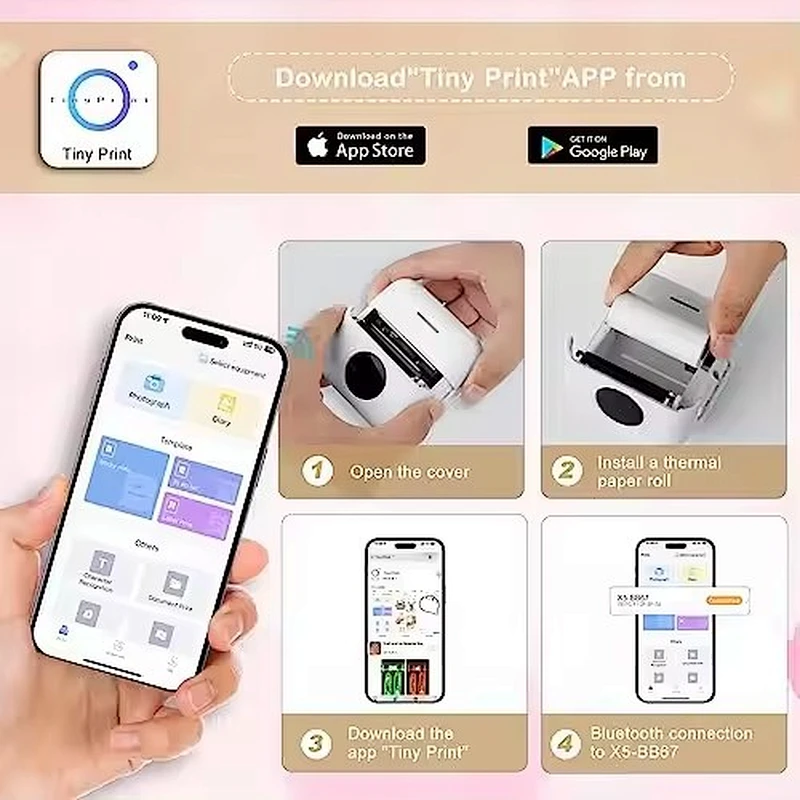 Portable Inkless Mini Printer, Bluetooth Grey Dot Print for Notes & Labels